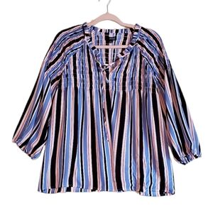 a.n.a Striped Blue Blouse Top Smocktop Ruffle Neck Tie Shirt Size Large Women‎